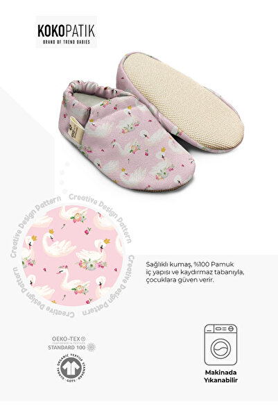 Kokopatik Organic Cotton Baby Booties, Anti-Slip Sole, Crowned Swan Pattern Booties