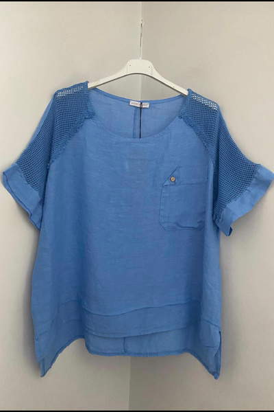 AYASOFYA OTANTIK Women's Italian Blue Round Neck Shoulder Mesh Detailed Asymmetrical Pocket Oversize Loose Linen Blouse Tunic