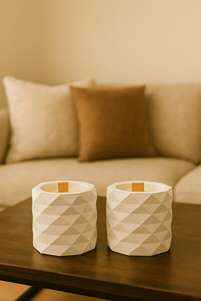 Havalı Tasarım Geometrik Desenli Beton Mumluk – El Yapımı Dekoratif Kutu Mum (2’li Set)