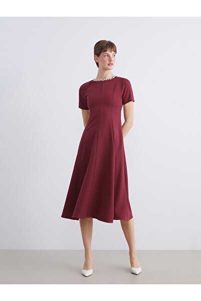 LC Waikiki Burgundy Crew Neck Stone Detailed Crepe Dress