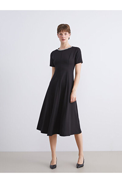 LC Waikiki Black bicycle collar stone detailed crepe dress