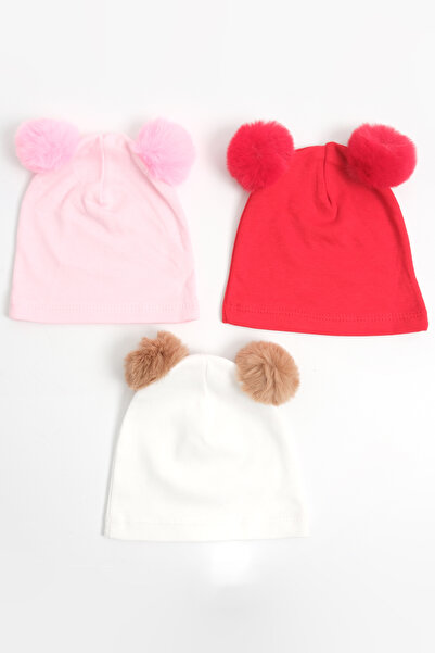 Genel Markalar Ponponlu Kız Bebek 0-12 Ay Kırmızı Pembe Ekru Şapka