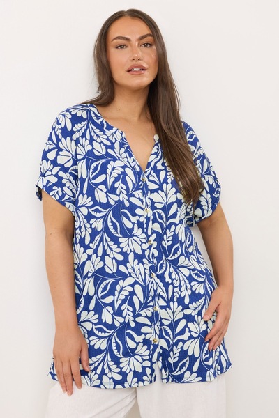 Stil Diva Plus Size Polo Collar Short Sleeve Button Floral Print Blouse 616290