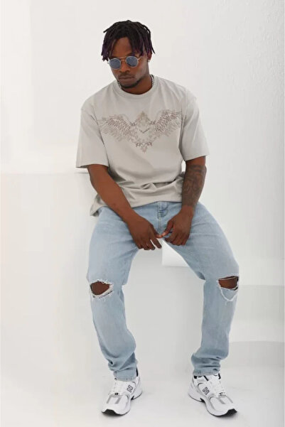 fh fashionhere Gray Unisex Oversize Stone Detailed Crew Neck T-Shirt