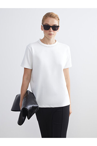 LC Waikiki Ecru Crew Neck Embroidered Women's T-Shirt