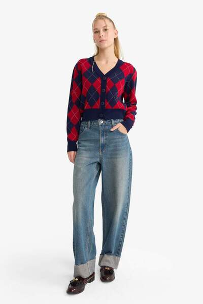 DeFacto Coool Fitted V Neck Argyle Button Cardigan F9566Ax25Wn