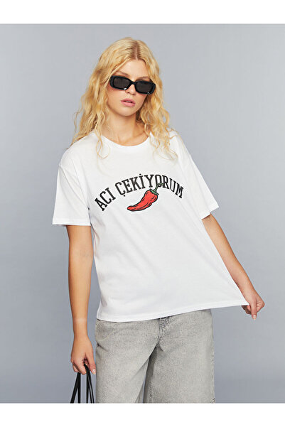 LC Waikiki White Crew Neck Slogan Printed Women's T-Shirt