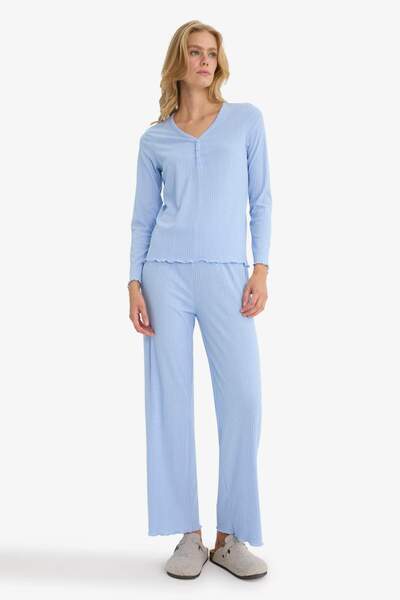 DeFacto Pajama Sets Regular Fit Rib Long Sleeve Top Long Bottom-Fall in Love D2273Ax25Au