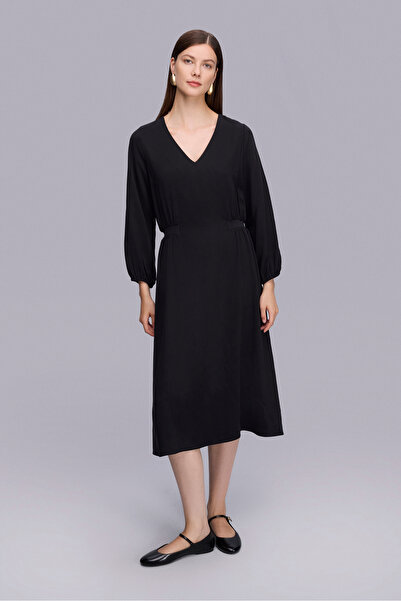 Naramaxx Beli Lastik Detaylı Siyah Midi Boy Elbise