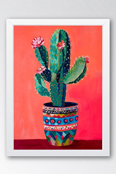 Saturn Cadrul de cactus înflorit într-un ghiveci cu model - Pictură poster Pop Art