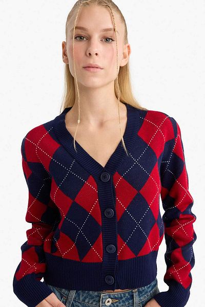 DeFacto Coool Fitted V Neck Argyle Button Cardigan F9566Ax25Wn