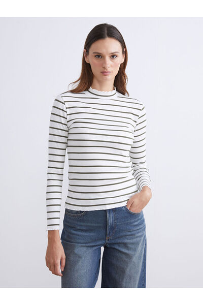 LC Waikiki Green Stand Collar Striped Women's Bodysuit