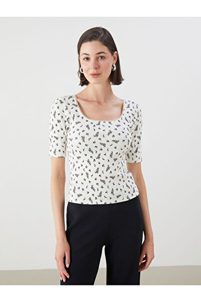 LC Waikiki Ecru U-Neck Floral Women's Bodysuit