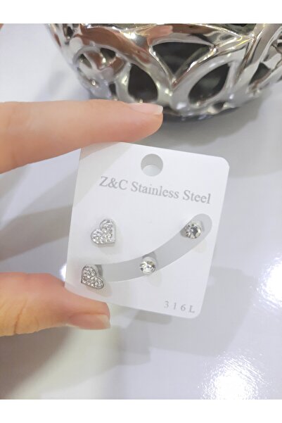 Tasarım Steel Earrings 2-Piece Stone Heart Solitaire Model Silver Silver