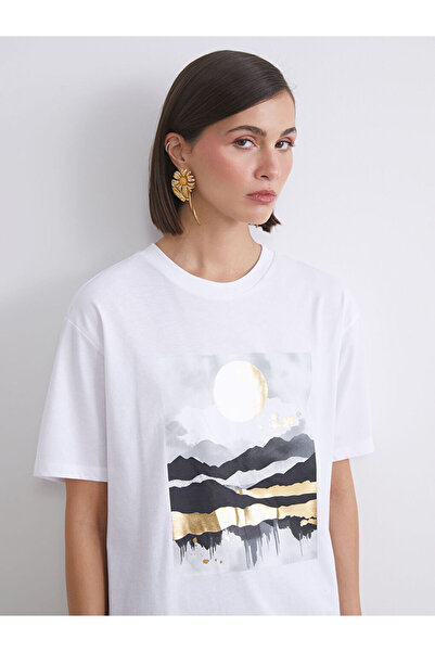 LC Waikiki White Crew Neck Printed Oversize Women's T-Shirt