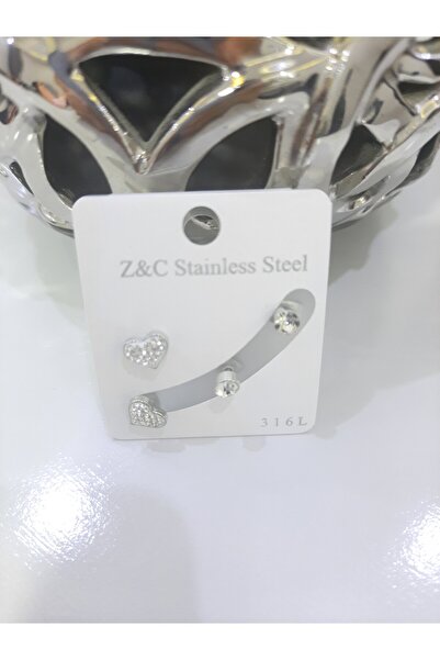 Tasarım Steel Earrings 2-Piece Stone Heart Solitaire Model Silver Silver