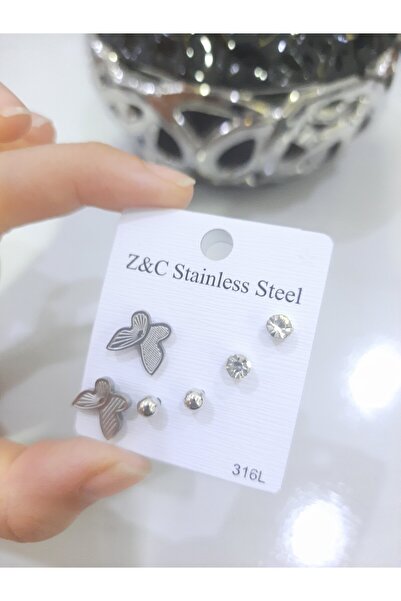 Tasarım Steel Earrings 3-Piece Butterfly Ball Single Stone Model Silver Silver