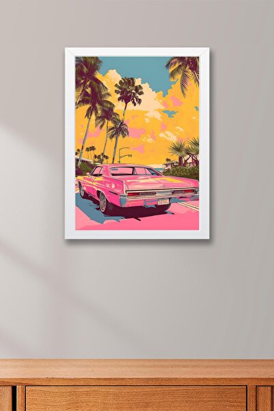 Saturn Miami Vice Style Pink Cadillac Car Framed Painting - Pop Art Poster Painting