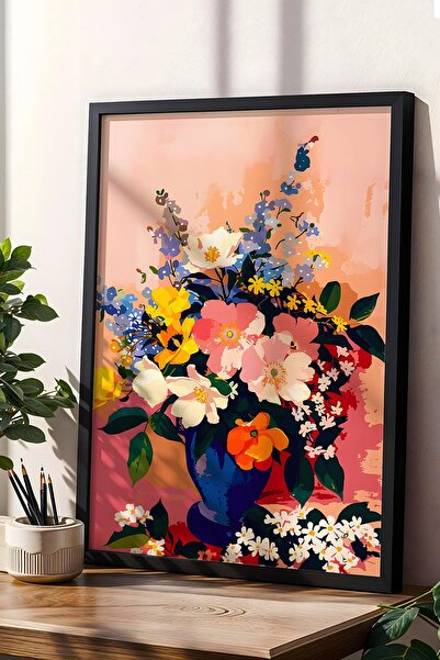 Saturn Colored Flowers in Blue Vase Framed Painting - Pop Art Poster Painting