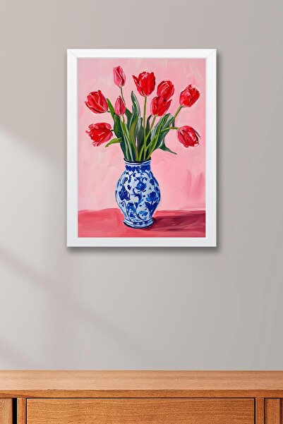 Saturn Red Tulips in Blue Vase Framed Painting - Pop Art Poster Painting
