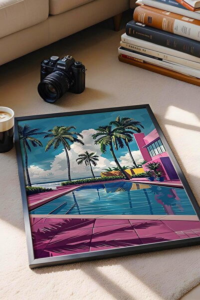 Saturn Miami Vice Style Retro Pool Scene Framed Painting - Pop Art Poster Painting