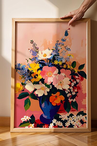 Saturn Colored Flowers in Blue Vase Framed Painting - Pop Art Poster Painting