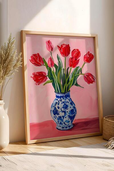 Saturn Red Tulips in Blue Vase Framed Painting - Pop Art Poster Painting