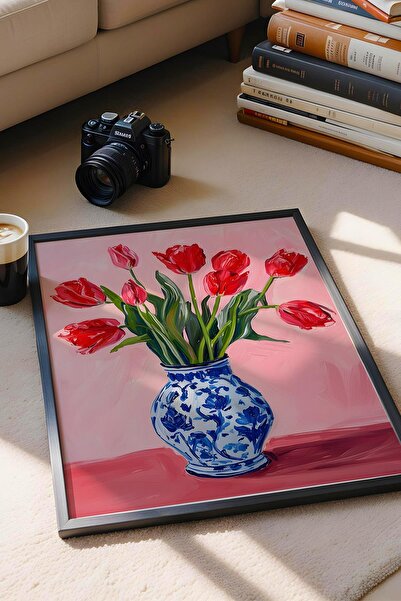 Saturn Red Tulips in Blue Vase Framed Painting - Pop Art Poster Painting