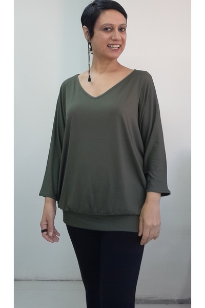 Mertcan Butik Khaki Green V-Neck Bat Three-Quarter Sleeve Combed Viscose T-Shirt