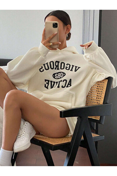 Revasser Unisex Erkek/Kadın ACTIVE Renkli Özel Baskılı Pamuklu Oversize Kapüşonlu Sweatshirt