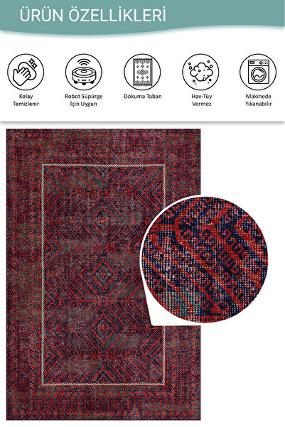 ARTLOOP Relic Kırmızı / Lacivert Vintage Dokulu Klasik Desenli Dokuma Tabanlı Şönil Halı AL 494