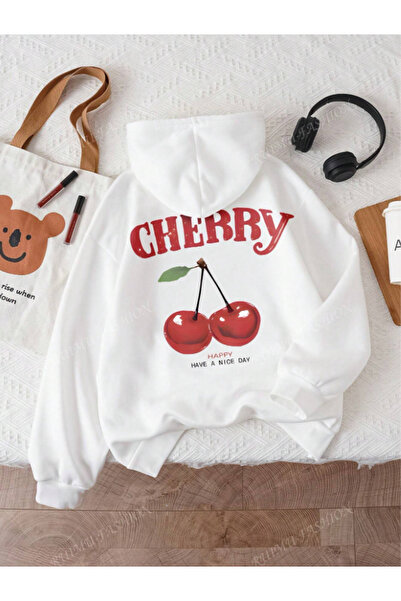 Revasser Unisex Erkek/Kadın Beyaz CHERRY Renkli Özel Baskılı Pamuklu Oversize...
