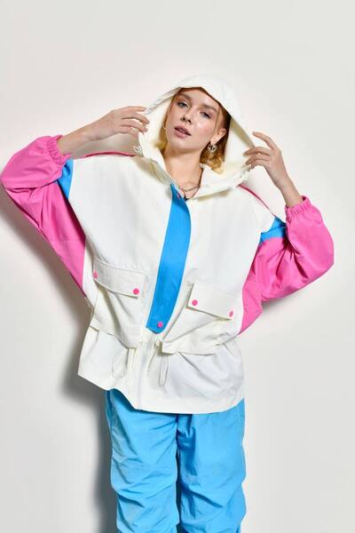 KürkZone Πολύχρωμο αδιάβροχο με επένδυση με με κουκούλα τσέπες - Αντιανεμικό μπουφάν M ελαφρύ