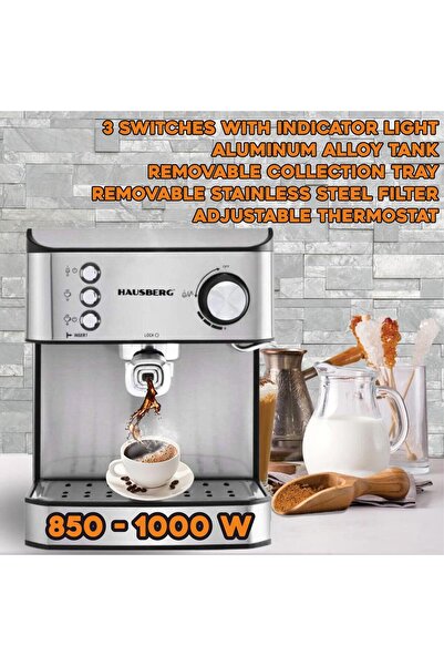 Hausberg Espressor cafea HB3725, cafea macinata, 15 bar, 850-1000 W, gri cu negru
