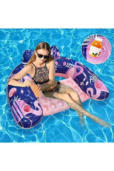 Guria Store Flamingo Desenli Yetişkin Şişme Havuz & Deniz Koltuğu, Kol Dayamalı, Bardak Tutuculu, Sırt Destekli