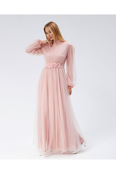Asees Balloon Sleeve Tulle Flower Detail Evening Dress
