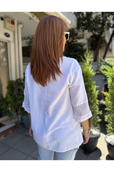 DenizEge Mesh Detailed Cotton Blouse White