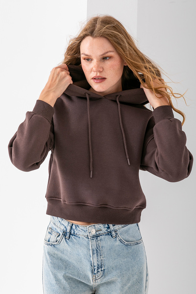 GİYSA Γυναικείο φούτερ με κουκούλα 3 κλωστών με ανοιχτόχρωμο καφέ - 2612