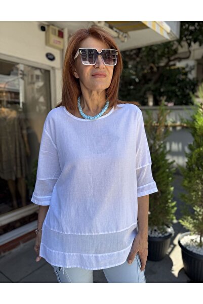 DenizEge Mesh Detailed Cotton Blouse White