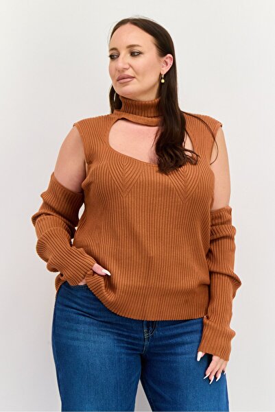 ASOS Women Curve Turtle Neck Cold Shoulder Knitted Blouse, Brown