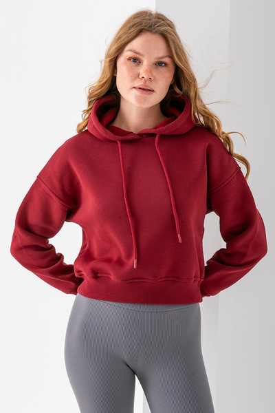 GİYSA Γυναικείο φούτερ με κουκούλα 3 κλωστών με κομμένο μπορντό - 2612