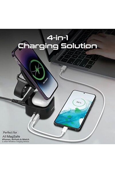 Promate Foldable 4-in-1 Charging Station, GaNFast™ 65W Magsafe with 15W Wireless Pad, AirPods and
