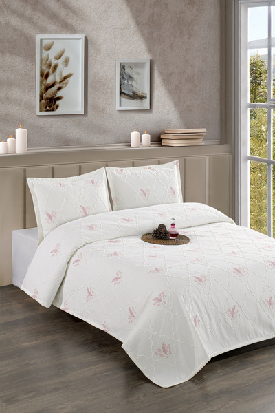 CANDAN ÇEYİZ Başak Ecru Powder Pink Leaf Embroidered Double Pique Coverlet 3 Piece Bedspread