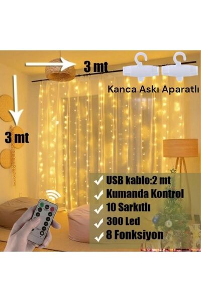 BTL OTOMOTİV 300 Ledli 10 Sarkıt Perde Led Işık-8 Fonksiyon, Uzaktan Kumandalı, 3x3 Metre