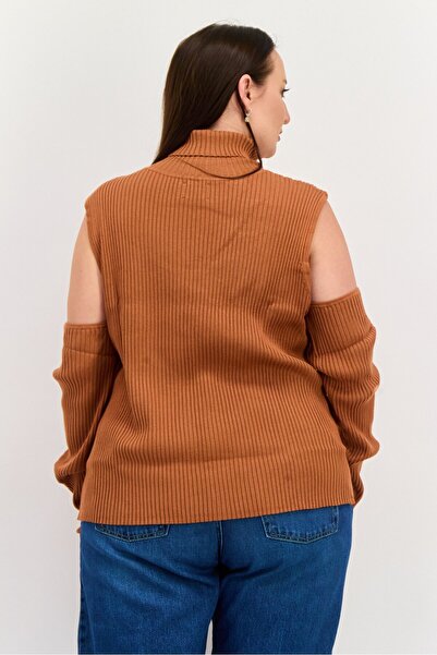ASOS Women Curve Turtle Neck Cold Shoulder Knitted Blouse, Brown