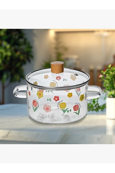 rexa Clear Heat-Resistant Glass Pot with Lid and Floral Decorations - 3.2 L - 2SS1-A05-011
