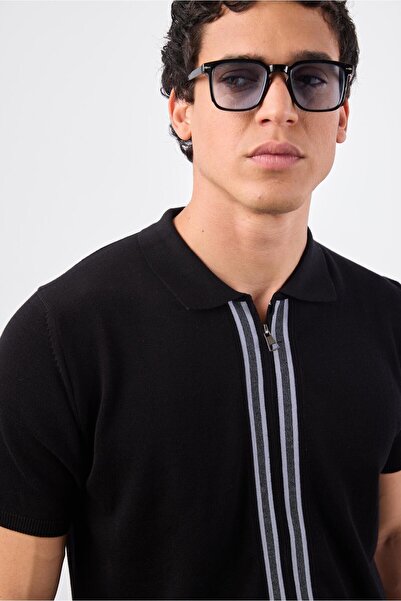 Dufy Erkek Slim Fit Fermuarlı Polo Yaka Siyah Triko