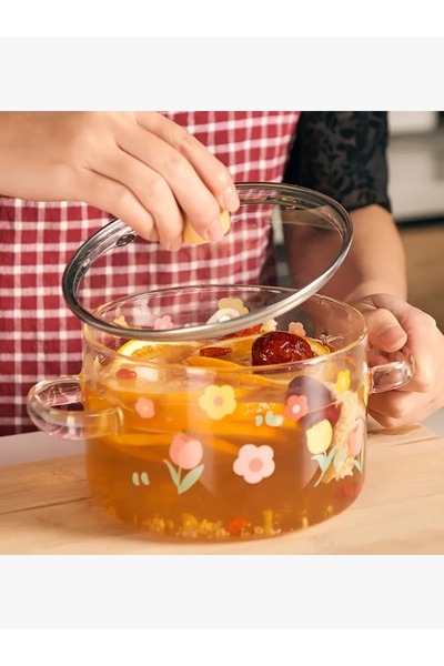 rexa Clear Heat-Resistant Glass Pot with Lid and Floral Decorations - 3.2 L - 2SS1-A05-011
