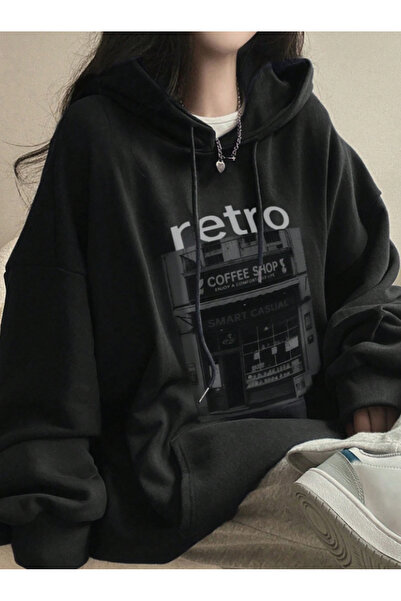 Revasser Unisex Erkek/Kadın RETRO Renkli Özel Baskılı Pamuklu Oversize Kapüşo...