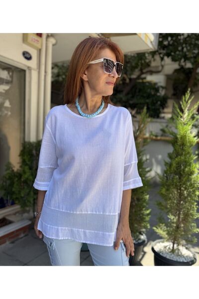 DenizEge Mesh Detailed Cotton Blouse White